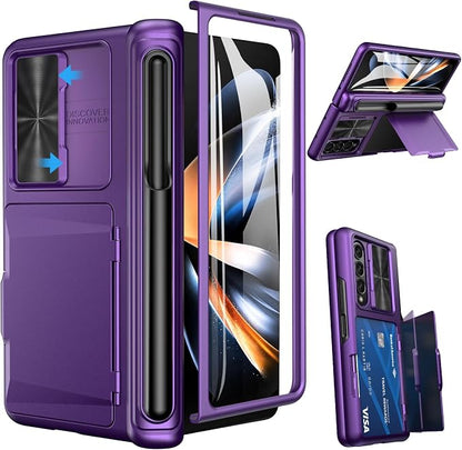 Viaotaily for Galaxy Z Fold 4 Case with Card Holder & S Pen Holder & Slide Lens Cover, Built-in Hinge Protection & Screen Protector, Durable Sturdy Phone Cover for Galaxy Z Fold 4, Dark Purple