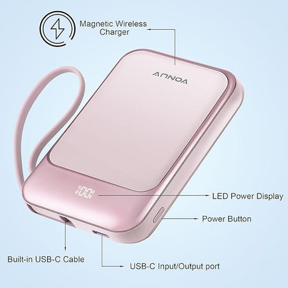 Magnetic Power Bank 10000mAh, Wireless Portable Charger with 15W Max Fast Charging & Built-in USB-C Cable, 22.5W PD LED Display Battery Pack Compatible with iPhone 17/16/15, Samsung Galaxy(pink)