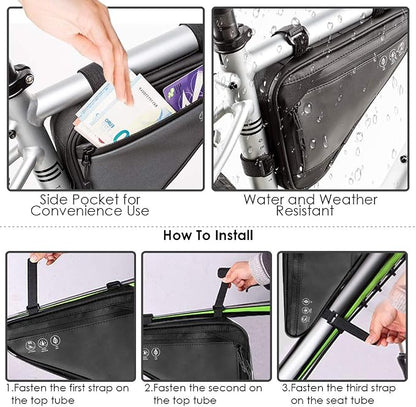 WOTOW Bike Frame Storage Bag, Water Resistant Reflective Bicycle Triangle Bag with Two Side Pockets, Strap-On Under Seat Tool Accessories Pouch for Mountain Road Bike Trip (2L)