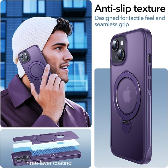 Anqrp 360° All-in-ONE Stand Case for iPhone 15 Case with Rotatable Magnetic Kickstand Ring Holder, Compatible with MagSafe, MIL-Grade Shockproof iPhone 15 Phone Case Cover 6.1 inch, Purple