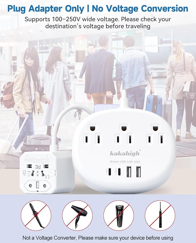 European Travel Plug Adapter, Multi Country Plug Adapter 3FT | Universal Travel Adapter with 3 USA Outlets and 4 USB Ports, Type A/C/G/I Plug Adapter for US to Most of Country