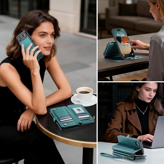 Strapurs for iPhone Air Detachable Wallet Case Compatible with Magsafe for Women, RFID Blocking 9-Card Holder Zipper Strap Lanyard PU Leather Magnetic Phone Case for iPhone 17 Air 6.5", Blue Green