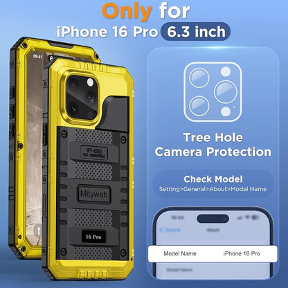 Mitywah Waterproof Case for iPhone 16 Pro, Shockproof Heavy Duty Case with Built-in Screen Protector, Underwater Full Body Protective Metal Case 6.3 inch, Yellow