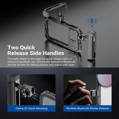 NEEWER Phone Cage Kit Compatible with iPhone 17 Pro Only, Video Rig Stabilizer Accessories with 67mm Filter Ring, 17mm Lens Backplate, T Mount Adapter, Two Quick Release Handles, PA143 (Black)