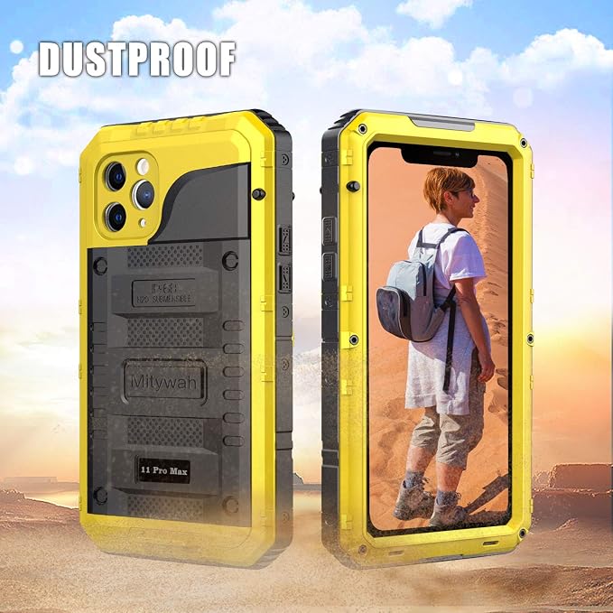 Mitywah Waterproof Case for iPhone 11 Pro Max, Heavy Duty Military Grade Phone Case Built-in Screen Protection, 360° Full Body Protector Metal Rugged Case, Yellow