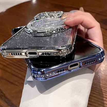 Glitter Kickstand Case for iPhone 17 Pro Max,Cute Bling Sparkly Diamond Rhinestone with Camera Lens Protector Liquid Flowing Ring Stand TPU Bumper Women Girls Case for iPhone 17 Pro Max,Black