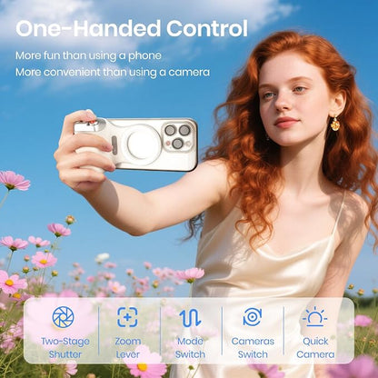 Magnetic Phone Camera Grip, Smartphone Shooting Holder Selfie Handle Snap with Wireless Shutter Button Remote for iPhone 16 15 14 13 12 Pro Max Android Cellphone Vlog Video Photography(White)