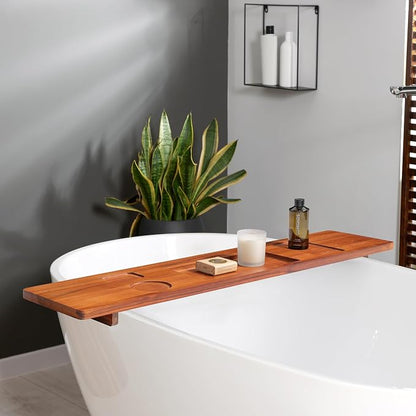 Teak Bathtub Tray for Freestanding Bath - 39" Large, Thick & Adjustable Spa Caddy | Anti-Tip Design with Accessories Holder | Water-Resistant