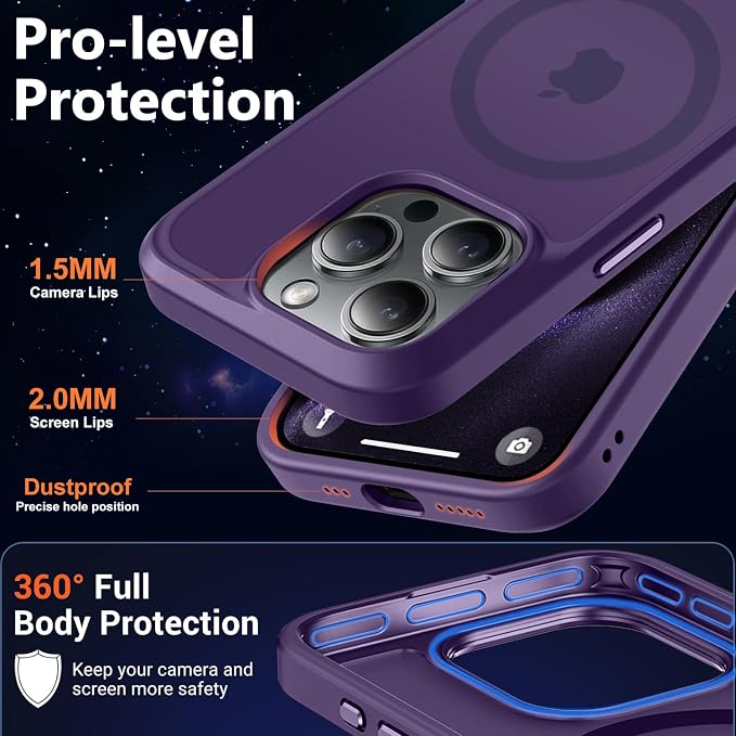 MOCCA Strong Magnetic for iPhone 15 Pro Case, [Compatible with Magsafe][13FT Military Drop Protection] Slim Translucent Matte Shockproof Case for iPhone 15 Pro Phone Case 6.1'', Deep Purple