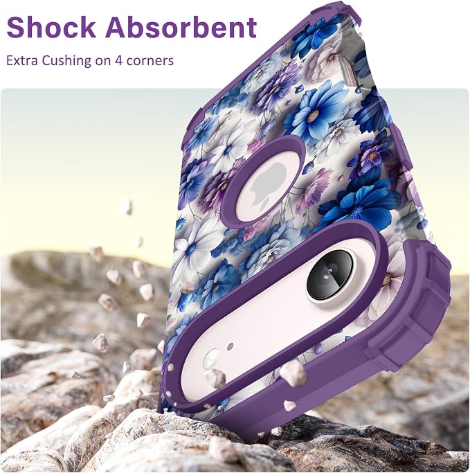 Hocase for iPhone Air Case 6.5", Heavy Duty Shockproof Protection Soft Silicone Rubber+Hard Plastic Bumpers Hybrid Protective Case for iPhone Air 2025 - Blue Purple Flowers
