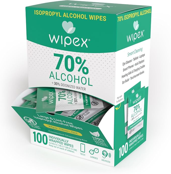 Wipex 70% Isopropyl Alcohol Wipes - Individually Wrapped Sachets, Large Electronic Wipes in Dispensing Box for Sanitizing - 100 Count (Pack of 12)