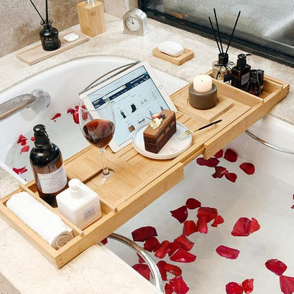 Bath Caddy Bath Rack Adjustable Bamboo Bath Tray with Phone Holder and Wine Glass Holder for Most Bathtubs