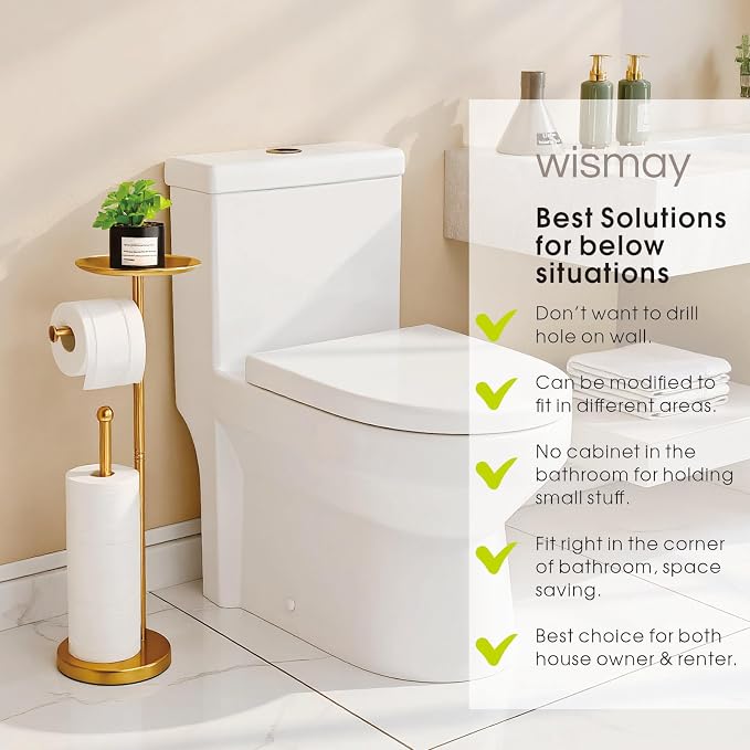 Standing Toilet Paper Holder Gold, TP Holder with 6.7" Phone Shelf, Holds 5 Rolls, Stainless Steel (Gold)