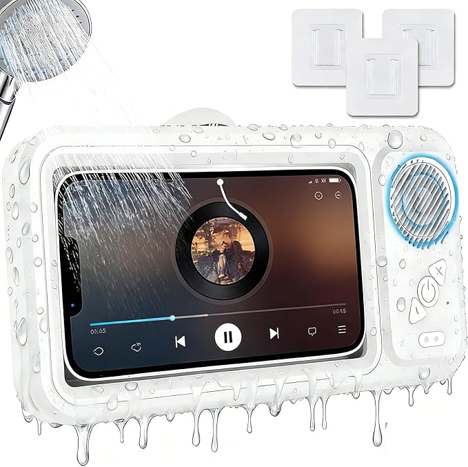 Shower Phone Holder with Wireless Bluetooth Speaker, Waterproof Shower Phone Case for Any Phone, Hands-Free Bathroom Entertainment, Play Music and Take Calls (White)