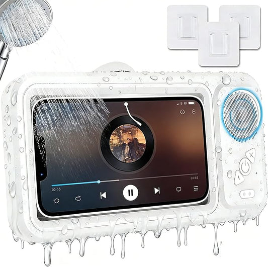 Shower Phone Holder with Wireless Bluetooth Speaker, Waterproof Shower Phone Case for Any Phone, Hands-Free Bathroom Entertainment, Play Music and Take Calls (White)