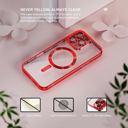 Misea Magnetic for iPhone 16 Pro Max Case Compatible with MagSafe [Never Yellowing] [Military Grade Drop Protection] Full Camera Lens Protector Plating Soft Clear Phone Case for Women 6.9", Red
