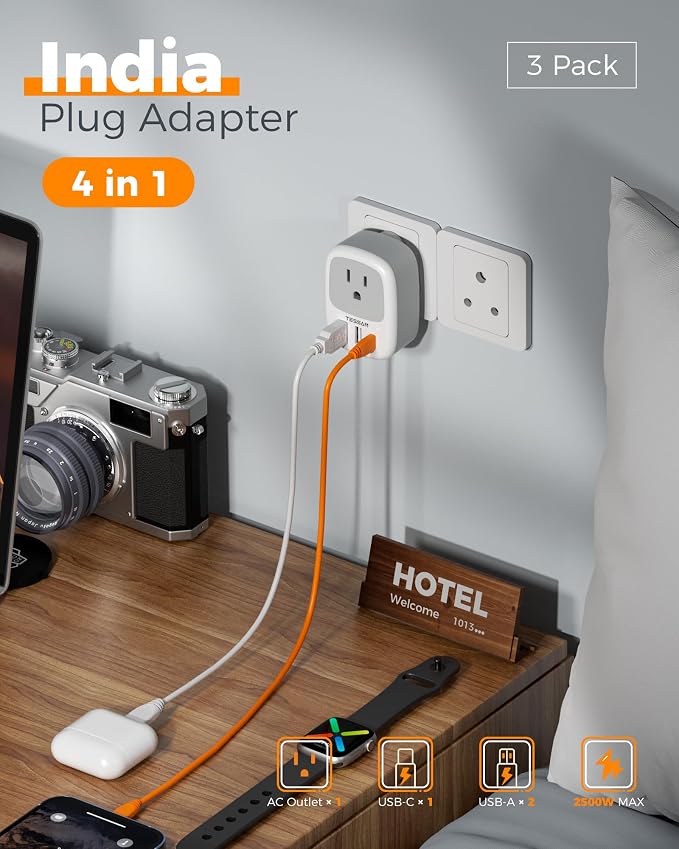 TESSAN US to India Plug Adapter, Type D Travel Adapter, 3 Pack