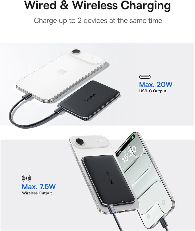 Baseus Picogo Power Bank, 0.3" Ultra Slim 5000mAh MagSafe Battery Pack, Update Polished Alloy Magnetic Portable Charger, Wireless Charger with USB-C Cable for iPhone 17 Pro Max/17 Air/16/15/14/13/12