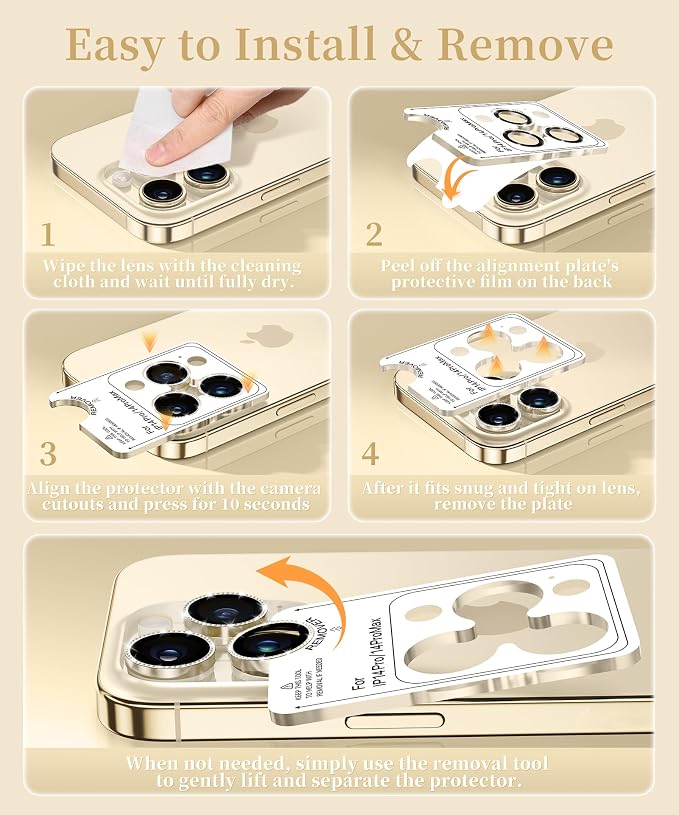 GolbinBox Camera Lens Protector for iPhone 14 Pro/14 Pro Max, 1:1 Invisible Fit, 9H Tempered Glass Ultra HD Metal Individual Camera Cover for Women, Case Friendly, Bling/Gold