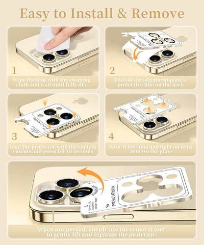 GolbinBox Camera Lens Protector for iPhone 14 Pro/14 Pro Max, 1:1 Invisible Fit, 9H Tempered Glass Ultra HD Metal Individual Camera Cover for Women, Case Friendly, Bling/Gold
