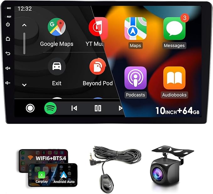 10" Double Din Car Stereo Wireless CarPlay Android Auto, 64GB HD Touch Screen Car Radio, Bluetooth 5.4, Backup Camera, GPS, Universal Fit for All Cars