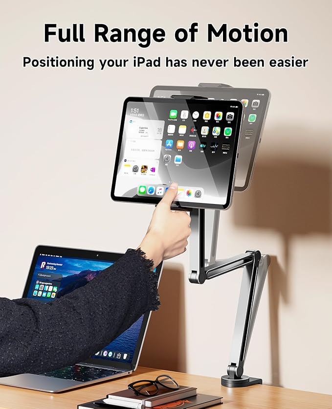 Tablet Arm Mount with Super Grip, Adjustable Foldable Holder & Heavy Duty Aluminum 360° Rotating Clamp for iPad, Phone, Monitor, Kindle - Universal for Desk, Bed, Kitchen - Space Grey