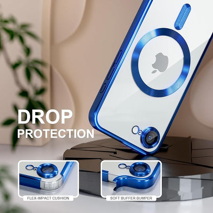 Misea Magnetic for iPhone 17e / 16e Case Compatible with MagSafe [Never Yellowing] [Military Grade Drop Protection] Full Camera Lens Protector Plating Soft Clear Phone Case for Women 6.1", Deep Blue