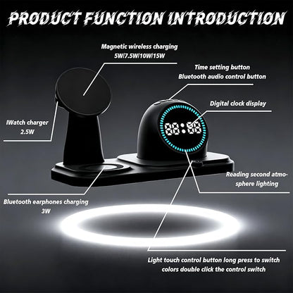 Wireless Charging Station with Clock,6-in-1 Charging Stand for Multiple Devices for iPhone 17 16 15 14 13 12 Pro Max, Apple Watch, Airpods, Bluetooth Speaker + RGB Light