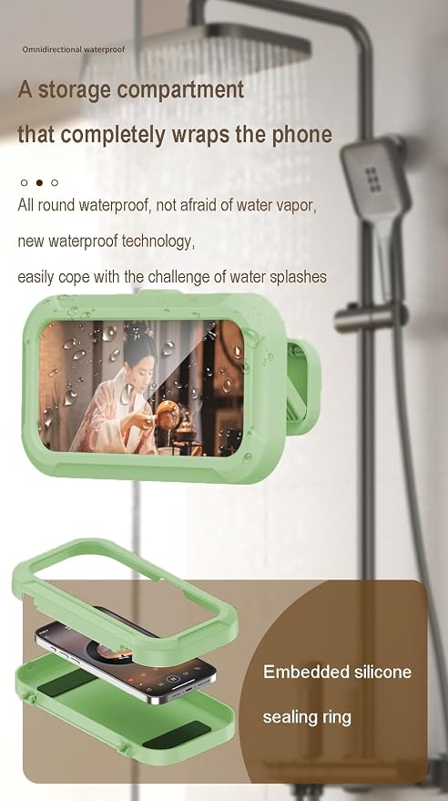 Shower Phone Holder Waterproof - 360° Bathroom Wall Phone Mount Stand Water Proof Anti Fog Case, Suitable for Phones Under 7 inches(Second Generation Green)