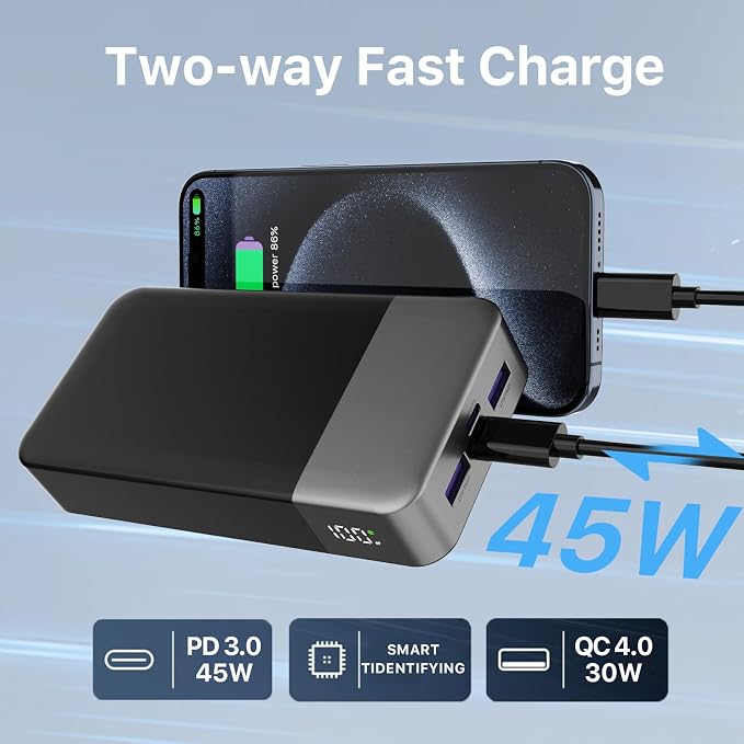 NOBIS Portable Charger 45W 20000mAh Power Bank Fast Charging | 2C+2A Battery Pack with C to C Cable, Battery Bank with Digital Display for iPhone Android Laptop etc
