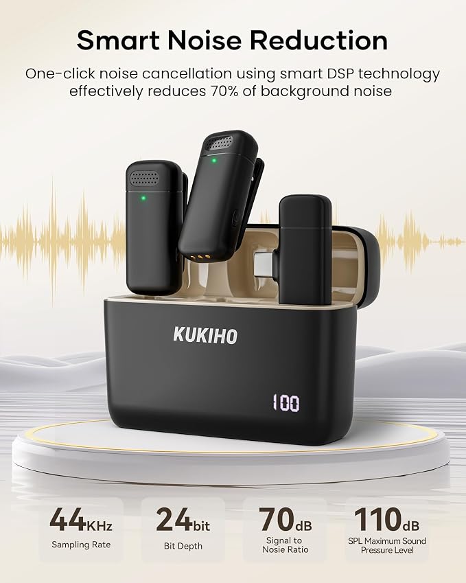 Wireless Lavalier Microphone with Charging Case, 36H Battery Life, Noise Cancellation, 135ft Range, Plug-and-Play Clip-On Mic for iPhone, iPad, Android, YouTube, Vlog, Live Streaming