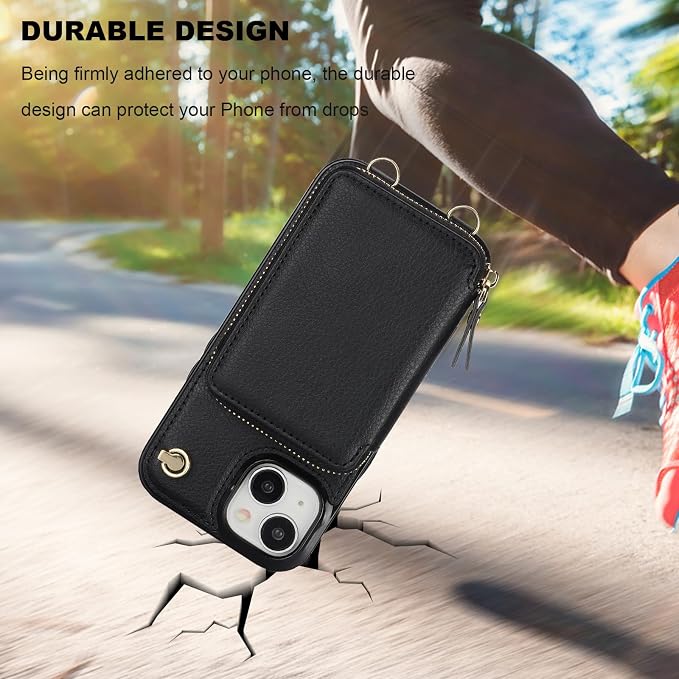 Bocasal Crossbody Wallet Case for iPhone 15, RFID Blocking Leather Purse Case with Card Holder, Protective Handbag Flip Cover with Zipper Wrist Strap Lanyard for Women 5G 6.1 Inch (Black)