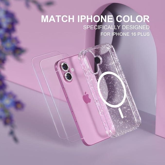 Choiche for iPhone 16 Plus Case Magnetic, Women Clear Glitter Bling Sparkly Case, [2xDiamond Camera Lens Protectors] [2xTempered Glass Screen Protectors] [Compatible MagSafe] 6.7" (Glitter Clear) | Women, Bling, Sparkly, Compatible MagSafe