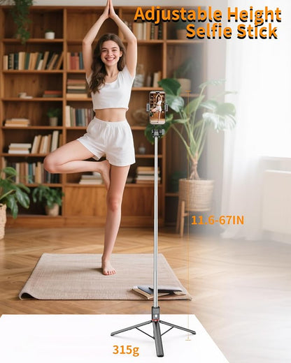 67'' Selfie Stick Tripod, Cell Phone Tripod with Integrated Wireless Remote, Portable Selfie Stick for iPhone Video Recording, Extendable Phone Stand for iPhone Android Content Creator Filming
