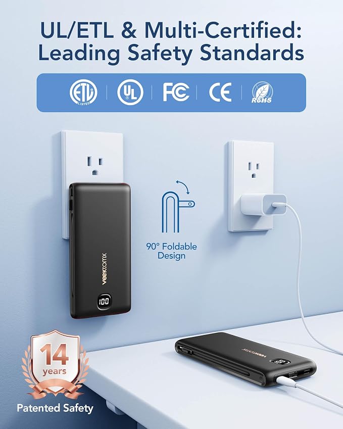VEEKTOMX Portable Charger with Built in Cables 10000mAh, Power Bank for iPhone with AC Wall Plug, Fast Charging USB C Slim Battery Pack with LED Display Compatible with iPhone 17/16/15, Samsung