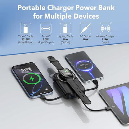 Magnetic Portable Charger 10000mAh for iPhone with Built-in Cables and Wall Plug,Wireless Power Bank with iWatch Charger,LCD Display 22.5W Fast Charging Battery Pack for iPhone 16/15/14/13/12 (Black)