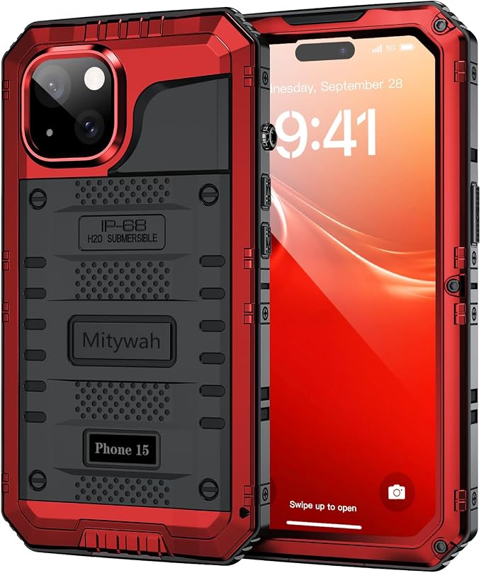 Mitywah Waterproof Case for iPhone 15, Heavy Duty Shockproof Case with Built-in Screen Protector, Full Body Underwater Protective Metal Case 6.1 inch, Red