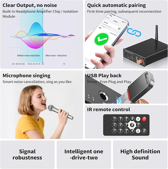 M6R Bluetooth 6.0 Receiver Audio Receivers Support Microphone Singing U Disk Playback Infrared Remote Control Dual Output,for Old Stereo/Speakers/Wired Speakers/Home Audio Music Streaming Etc