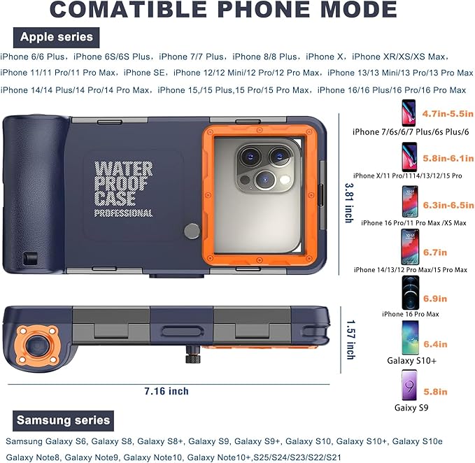 2026 Underwater Snorkeling Diving Phone Case for Phone 17/16/15/14/13/12Pro Max/Galaxy S25/S24/S23.(50ft/15m) Professional Scuba Dive Waterproof Case Underwater Photo Video（Blue）