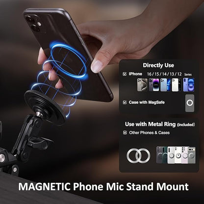 Mic Stand Phone Holder Aluminum Compatible with Magsafe iPhone 16/15/14/13/12 Plus Pro Max Series, Side Mount Cellphone Music Stand Holder for Microphone, 360° Swivel Tilt Adjustable Mic Phone Mount
