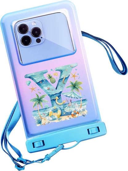 Personalized Initial Waterproof Phone Pouch Case - IPX8 Cellphone Dry Bag with Lanyard for iPhone 16/15/14/13/12 Pro Max (6.1–6.9"), Beach & Cruise Ship Essentials with Monogrammed Design (Blue, Y)