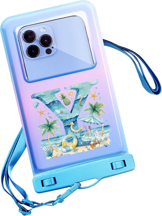 Personalized Initial Waterproof Phone Pouch Case - IPX8 Cellphone Dry Bag with Lanyard for iPhone 16/15/14/13/12 Pro Max (6.1–6.9"), Beach & Cruise Ship Essentials with Monogrammed Design (Blue, Y)