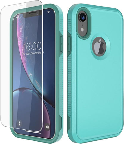 Diverbox for iPhone XR Case [Tempered Glass Screen Protector] [Shockproof] [Dropproof] Heavy Duty Protection Phone Case Cover for Apple iPhone XR (Teal)