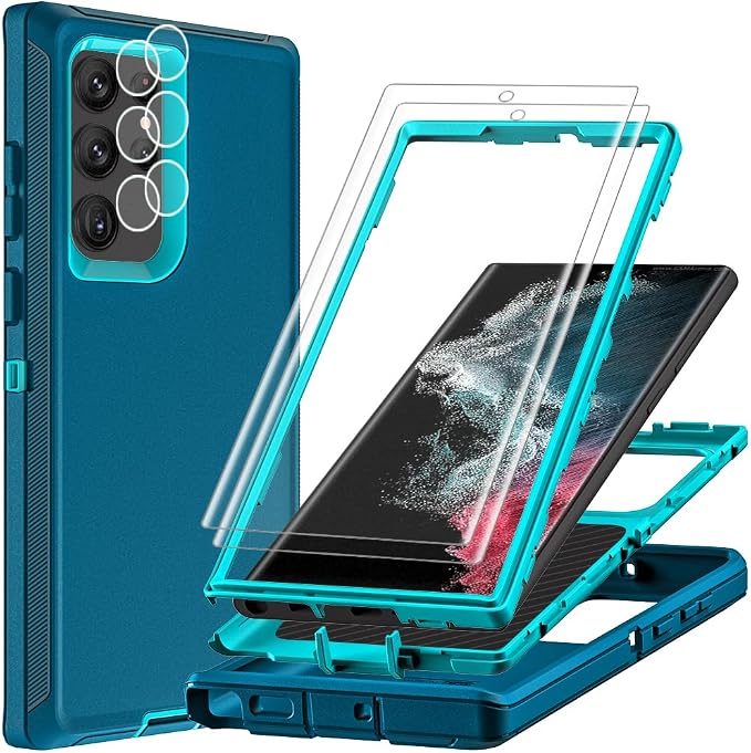 for Samsung Galaxy S22 Ultra Case with 2Pcs Self Healing Flexible TPU Screen Protector & Camera Lens Protector, 3 in 1 Heavy Duty Shockproof/Drop Proof/Dust Proof Case (Blue/Turquoise)
