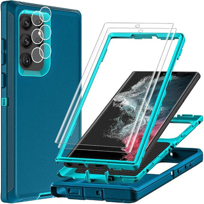 for Samsung Galaxy S22 Ultra Case with 2Pcs Self Healing Flexible TPU Screen Protector & Camera Lens Protector, 3 in 1 Heavy Duty Shockproof/Drop Proof/Dust Proof Case (Blue/Turquoise)