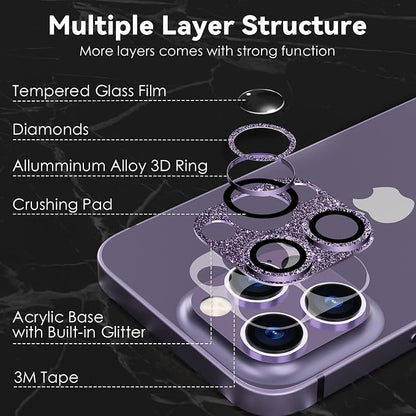CloudValley for iPhone 14 Pro/iPhone 14 Pro Max Glitter Camera Lens Protector, 9H Tempered Glass [All in 1 Design], Case Friendly Anti-Scatch High Definition, GlitterPurple