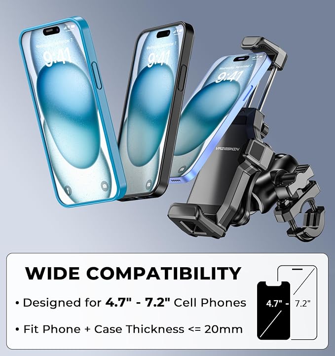 VAZESWIN Motorcycle Phone Mount [Vibration Dampener] [High-Speed Secure Lock] Anti-Shake Motorcycle Cellphone Holder, Bike Phone Mount with Short Arm for 0.5"-1.26" Handlebar, 4.7"-7.2" Smartphone
