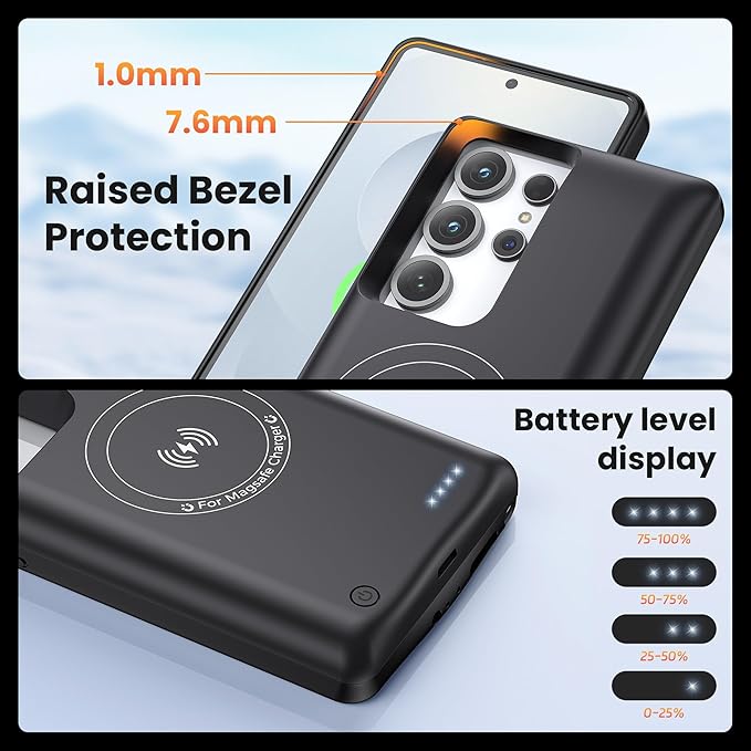 Battery Case for Samsung Galaxy S25 Ultra Charging Phone case,Real 10000mAh Portable Power Bank with Magnetic Wireless Charging,Protective Charger Phone case with Battery Pack Black