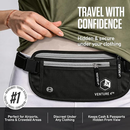 VENTURE 4TH Money Belt for Travel – Hidden Under-Clothes RFID Blocking Passport Holder & Slim Travel Wallet Pouch for Men & Women to Protect Cash, Cards & Documents (Black)