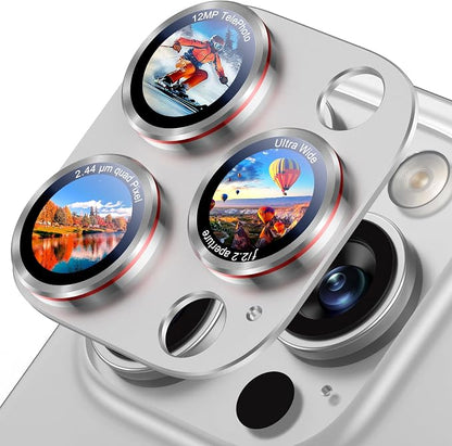 Uyiton Professional Camera Style for iPhone 16 Pro Max/16 Pro/14 Pro Max/14 Pro Camera Lens Protector - [Unique Typography + Phone Lens Red Circle Design] Metal Tempered Glass Camera Cover, Silver+Red